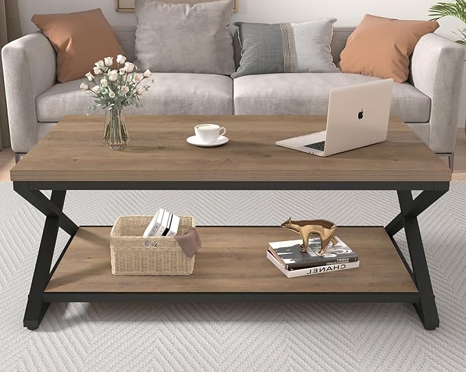 HSH Rustic Farmhouse Coffee Table, Modern Minimalist Wood and Metal Living Room - Image 4