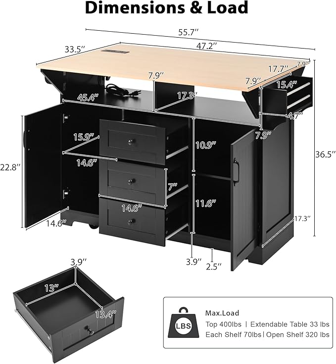 56" Large Kitchen Island with 2 Drop Leafs, Rolling Kitchen Cart on 5 Wheels - Image 2