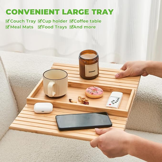Bamboo Sofa Arm Tray, Anti Falling Couch Arm Tray Table, Foldable Couch Armrest - Image 3