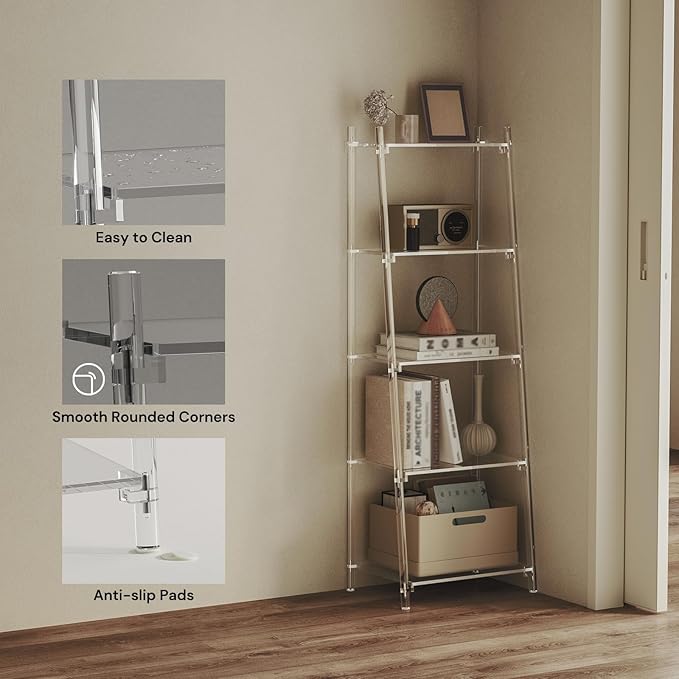 Acrylic Ladder Bookshelf, 13.8" D x 20.5" W x 59" H, 5-Tier Tall Clear Bookcase - Image 4