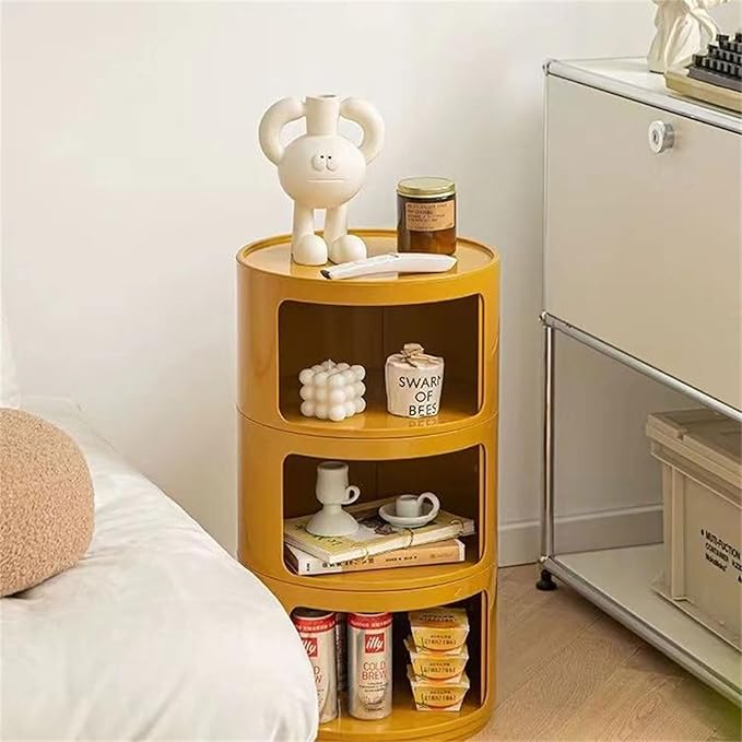 3 Tier Round Nightstand with Drawer, Ginger Yellow Round Side Table Small - Image 4