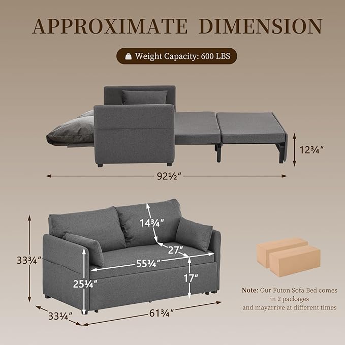 Furnimart 62" Queen Size Pull Out Sofa Bed, 3 in 1 Convertible Sleeper Bed - Image 2