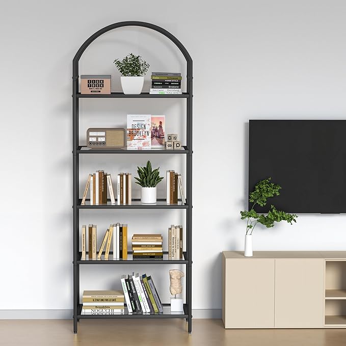 Homhedy Bookshelf Arched Display Racks, Metal Bookcase, Tempered Glass Shelves - Image 3