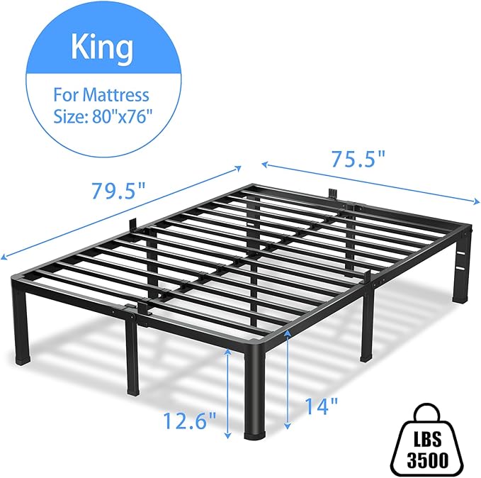 14 Inch King Size Bed Frame, 3500Lbs Heavy Duty Metal Platform - Image 3