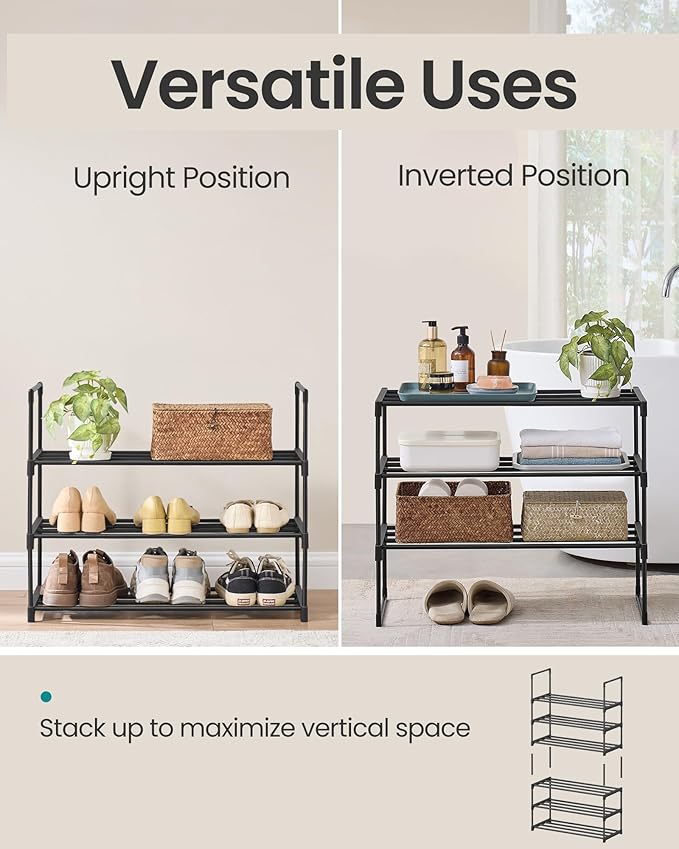 SONGMICS Shoe Rack, 3-Tier Shoe Organizer, Metal Storage Shelf, Upright or - Image 4