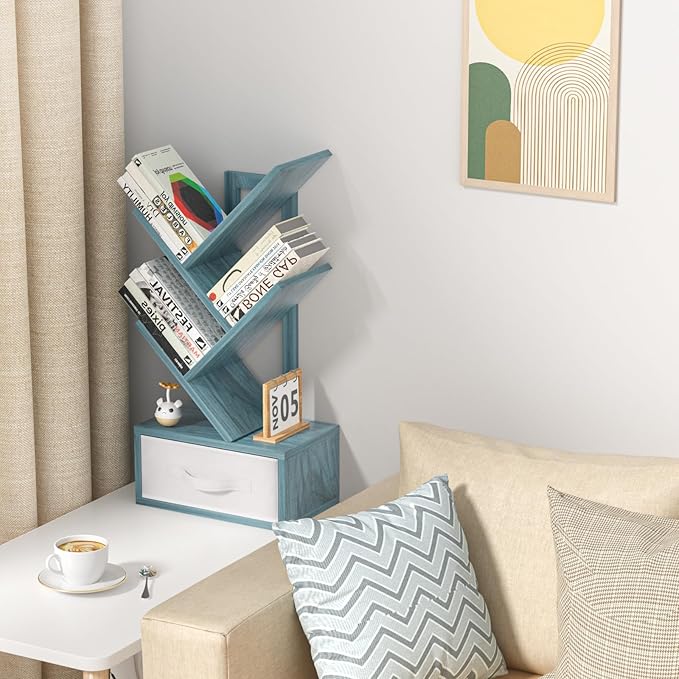 Small Book Shelf with Drawer, 4 Tier Black Tree Bookshelf, Modern Desk Display - Image 4