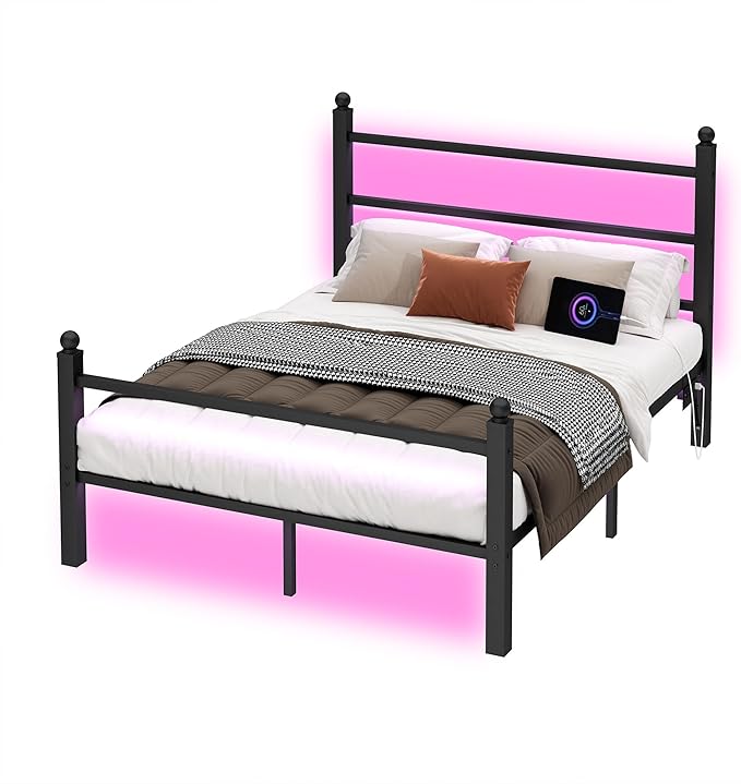 Full Size Bed Frame with Headboard and Footboard, Steel Slats Support-LED Bed - Image 8