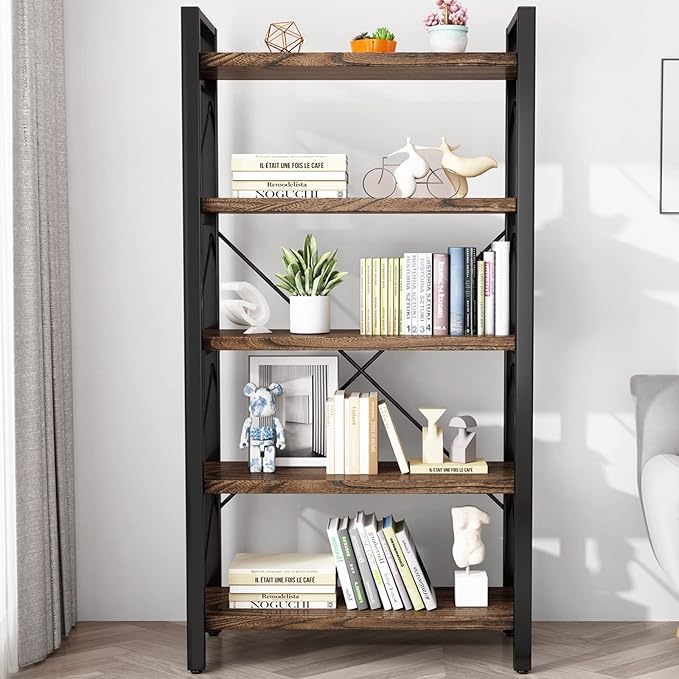 5 Tier Bookshelf Rustic Solid Wood Industrial Style Bookcase, Metal and Real - Image 6