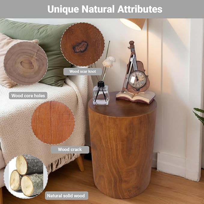Athaliah Wooden Tree Stump End Table, 15.75" Paulownia Wood Hand Carved Rustic - Image 3