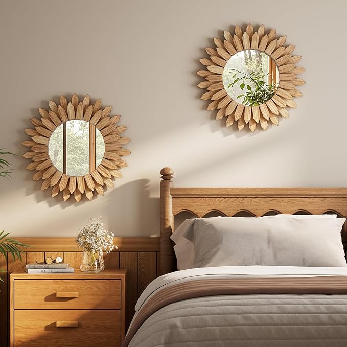 20 Inch Brown Boho Wall Decor Sunburst Mirror - Image 6