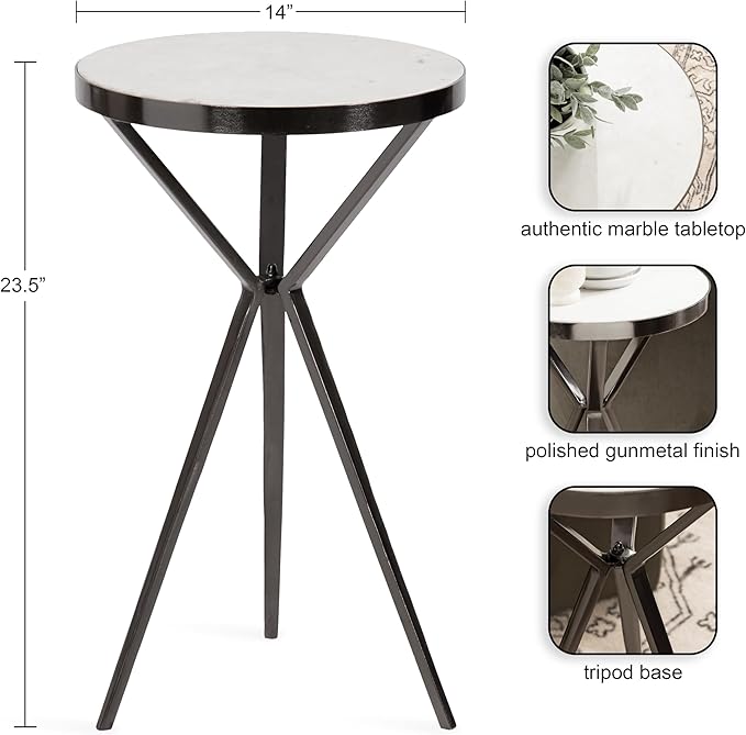 Kate and Laurel Gribben Modern Round Marble Side Table, Tripod-Base Bedside - Image 3