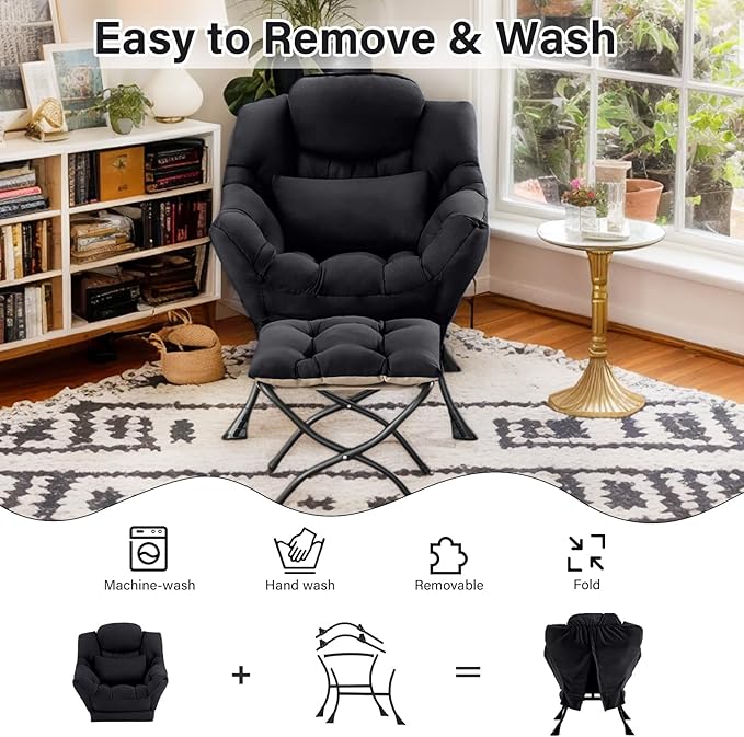 Lazy Chair with Ottoman, Comfy Fabric Accent Lounge Arm Chair with Lumbar - Image 8