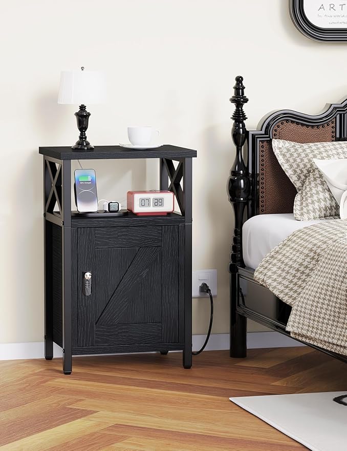 Wooden Nightstand with Charging Station, Bed Side Table with Drawers, Bedside - Image 4