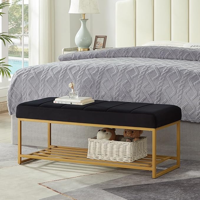 24KF Black Velvet Upholstered End of Bed Bench by WEMARTHOMEDECOR
