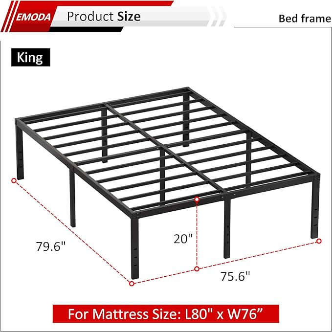 EMODA 20 Inch King Bed Frame No Box Spring Needed, Heavy Duty Tall Metal - Image 3