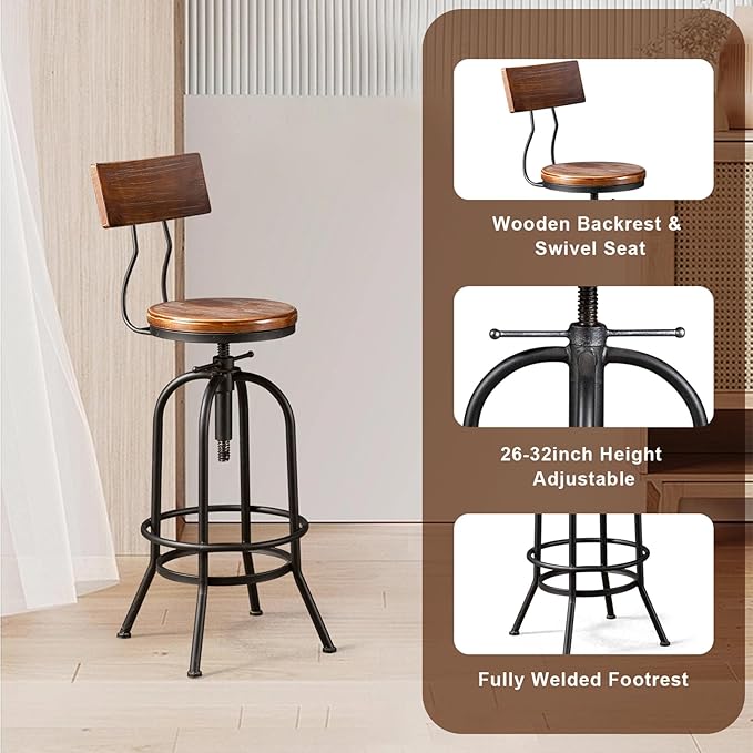 LOKKHAN Industrial Bar Stool-26-32 Inch Adjustable Swivel Round Wood Metal - Image 3