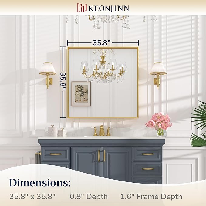 Keonjinn Brushed Gold Bathroom Mirror 36 x 36 Inch Gold Wall Square Mirror - Image 7
