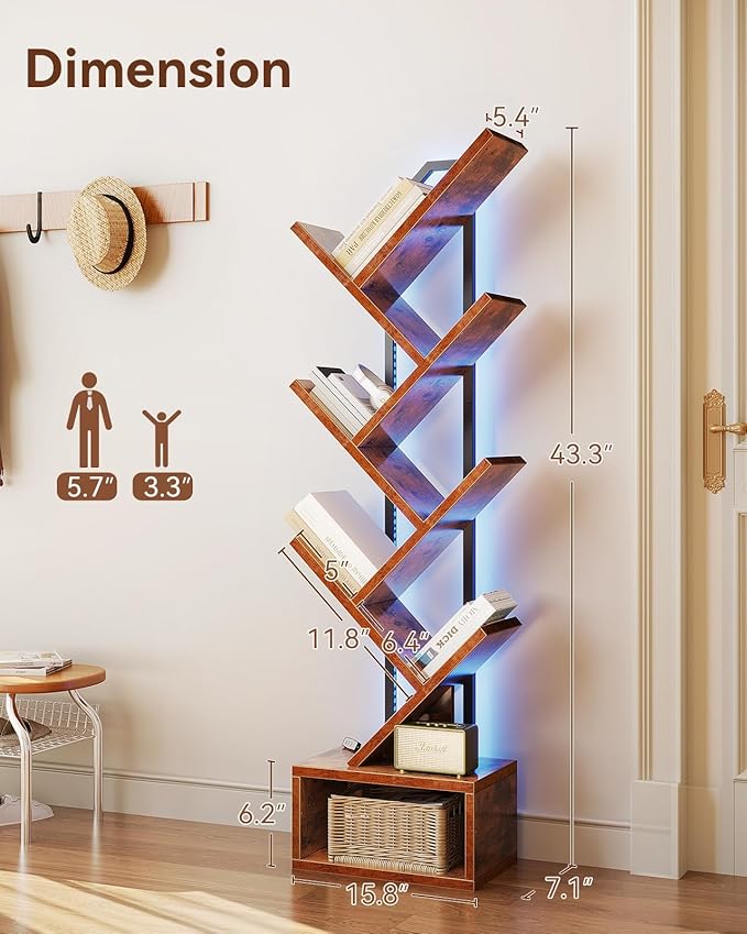 Casaottima 6-Tier Tree Bookshelf — Narrow Floor Standing Bookcase, Tall Steel & - Image 3