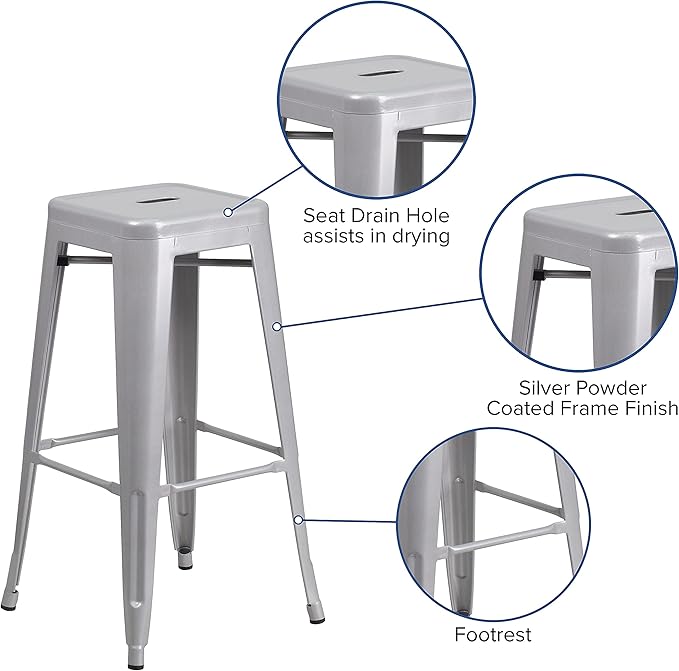 Flash Furniture Lily 4 Pack Commercial Grade 30" High Backless Silver Metal - Image 5