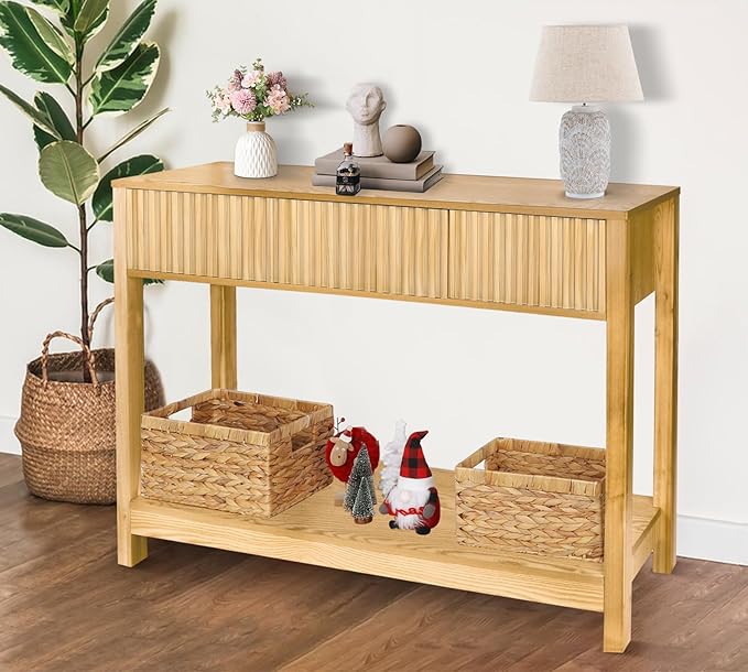 Long Console Table with Storage, Fluted Entryway Slim Sofa Tables Behind Couch - Image 6
