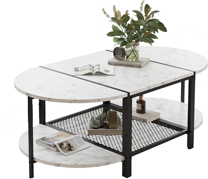 SENIG Oval Coffee Table with Faux Marble Top, 2-Tier Storage Shelf and Metal by SENIG