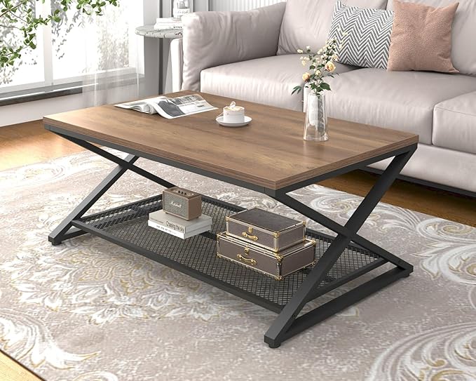 LVB Wood Coffee Table, Metal Wooden Living Room Table by LVB