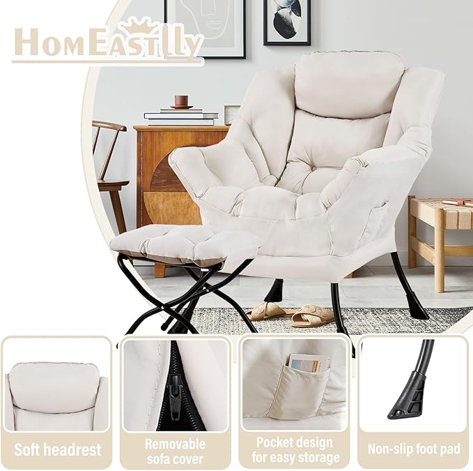 Lazy Chair with Ottoman, Large Modern Lounge Accent Chair with Armrests and - Image 6