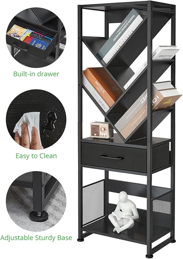 Bookshelf with Drawer, 8 Tier Tree Bookcase Retro Floor Standing Bookshelves - Image 3
