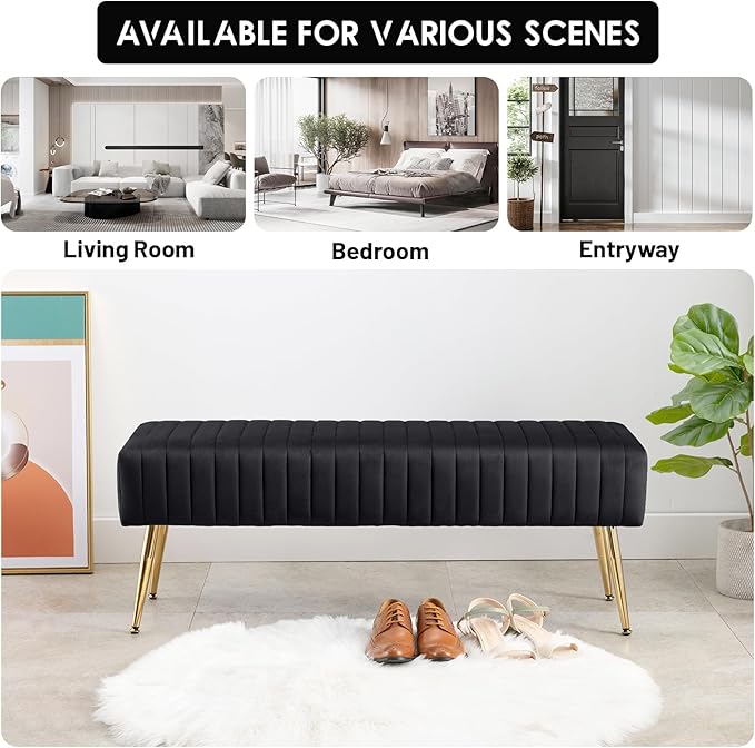 Furniliving 44 Inch Bedroom Bench, Upholstered Tufted Striped Fabric Ottoman - Image 7