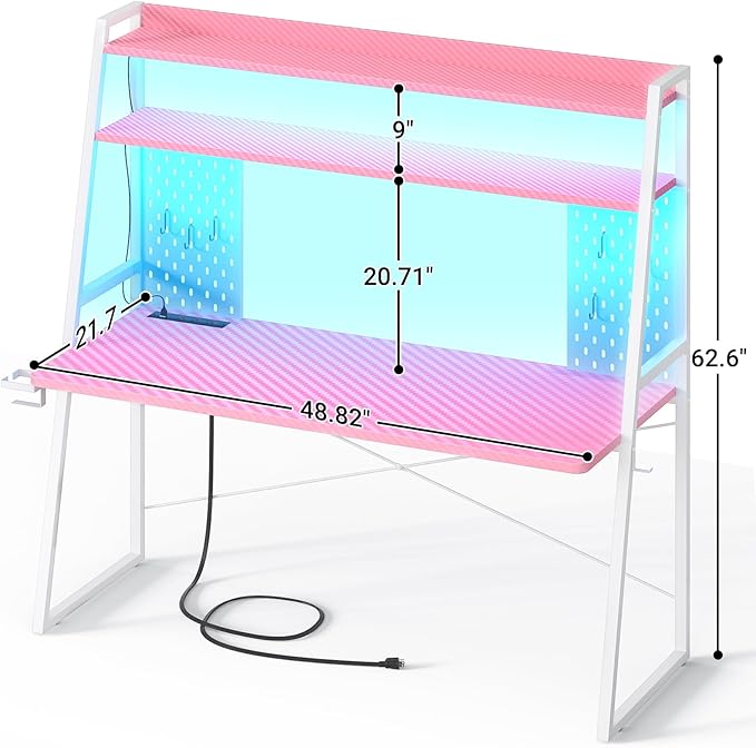 Gaming Desk with Hutch and LED Lights, Gaming Computer Desk with Power Outlets - Image 2