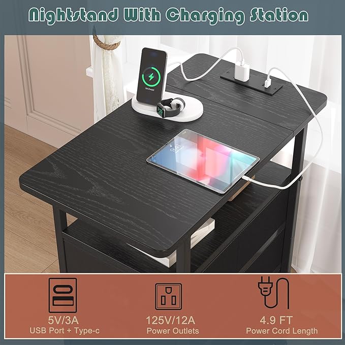 End Table with Charging Station, Side Tables Livingroom with USB Ports and - Image 4