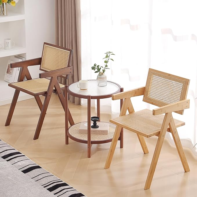 Tiita Rattan Dining Chairs Set of 2, Mid Century Modern Armchairs, Wooden - Image 6