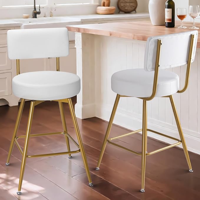 Gold White Bar Stools Set of 2, Modern Counter Height Bar Stools by FLYZC