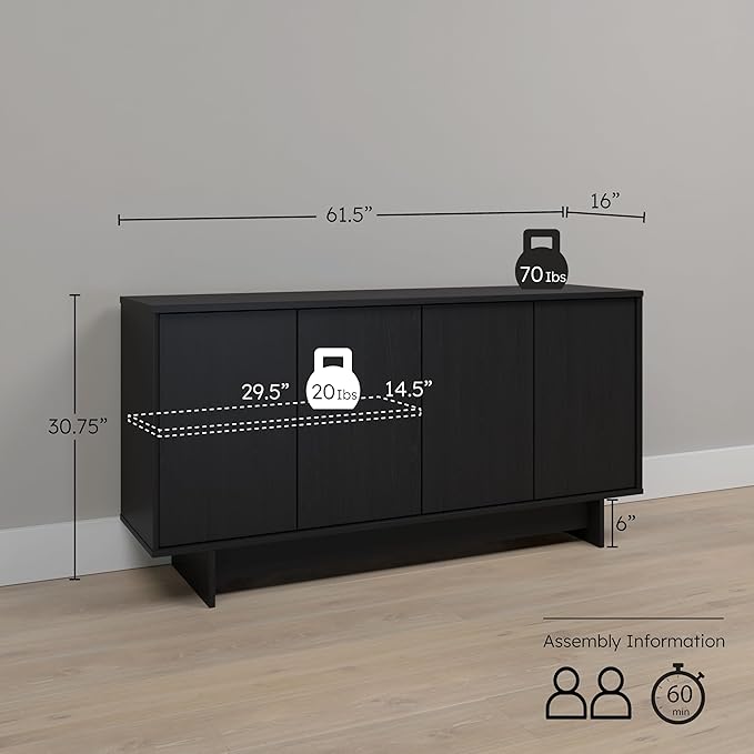 Prepac Finnley 61.5" Wide Sideboard Cabinet, Wood Entryway Sideboard - Image 2