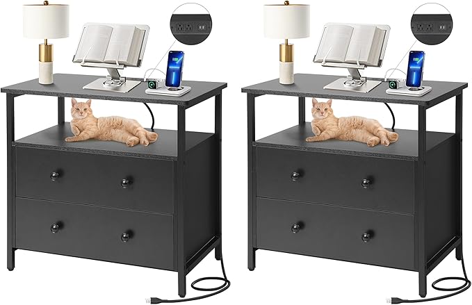 27 inch Wide Nightstand with Charging Station, Bedside Table with Open Shelf by Edbuosy