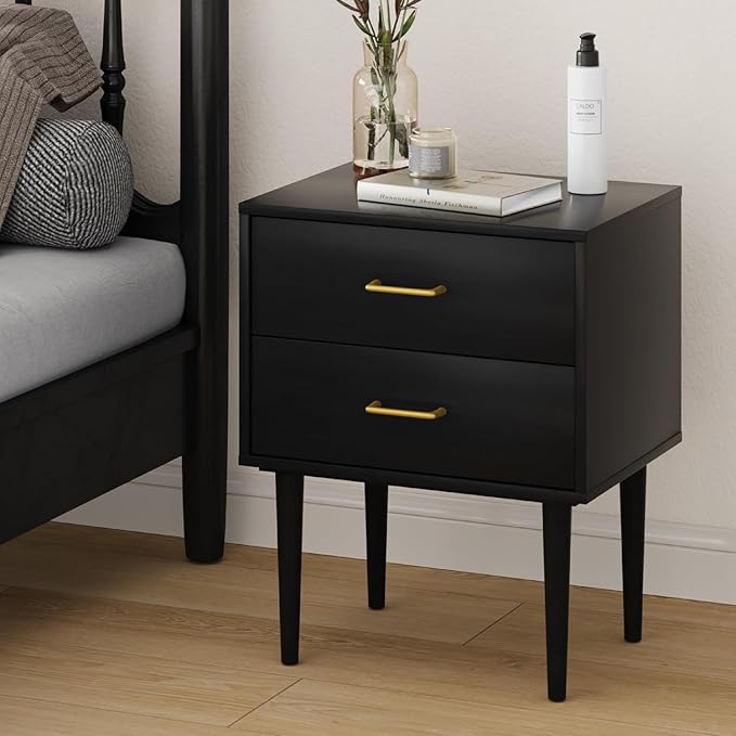 Black Nightstand with 2 Drawers, Tall Modern Night Stand Black, Wooden Night - Image 6