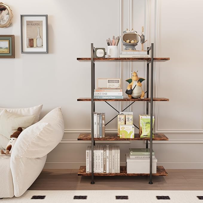 4 Tiers Bookshelf Rustic Brown Wooden Storage Shelf, Industrial Shelf Book - Image 3