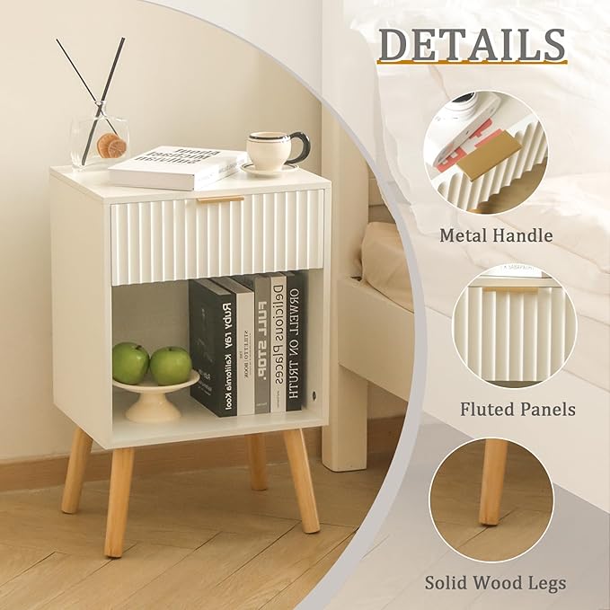 White Nightstand with Charging Station, Mid Century Modern Bedside Table with - Image 5