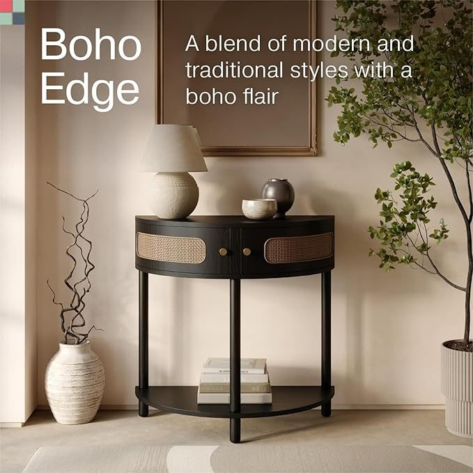 Entryway Table Rattan Half-Moon Console - Image 3