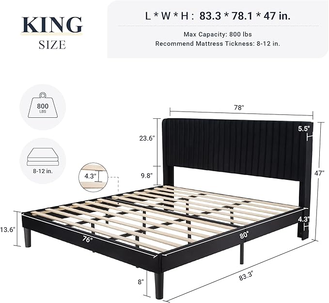 Allewie King Size Velvet Bed Frame/Vertical Channel Tufted Wingback - Image 2