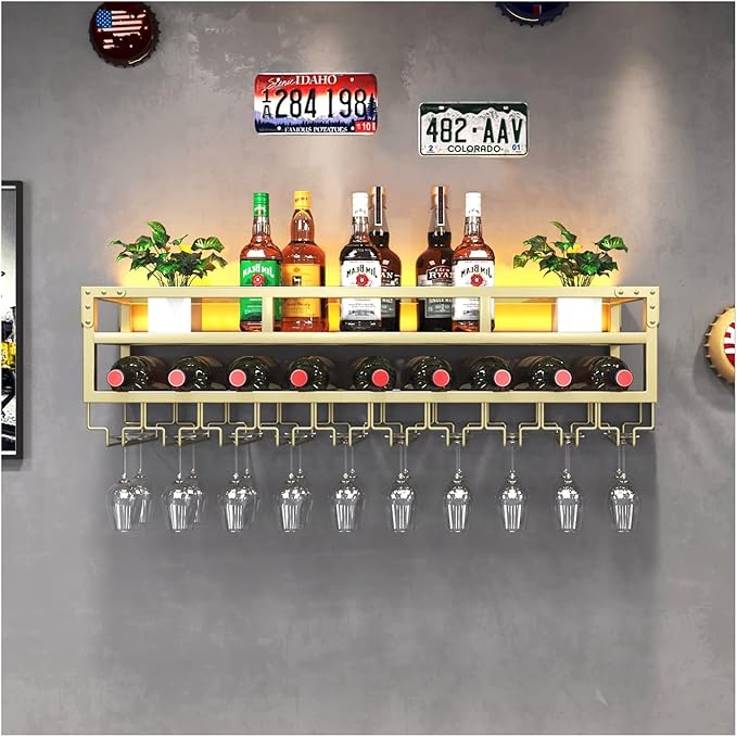 Pengfei LED Wine Rack Wall Mounted, Industrial Metal Wall Wine Shelf & Glass by PENGFEI