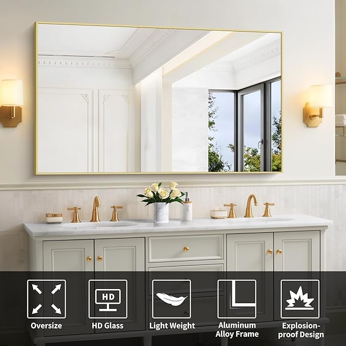 30x55In Gold Bathroom Mirror for Wall, Brushed Gold Rectangle Mirrors - Image 5