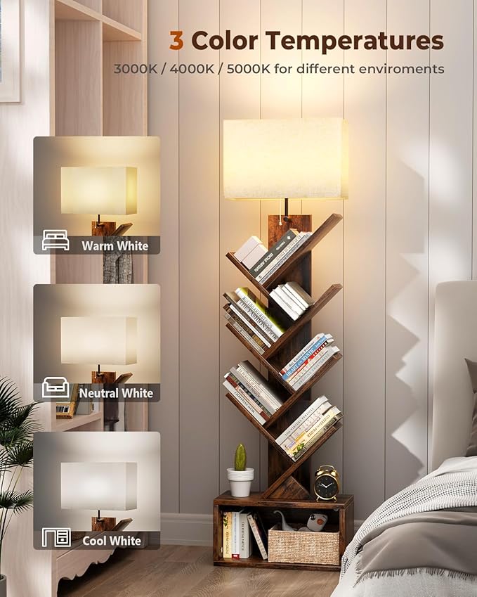 6 Tier Tree Bookshelf with Light, Narrow Bookcase Tower, Tall Floor Standing - Image 4