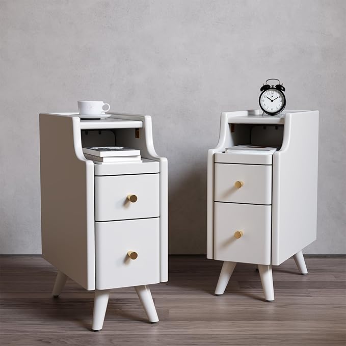 Narrow Nightstand with Drawers, Wood Bedside Table, Small White Nightstand Set by AQIMUELE-Solidwoodfurniture