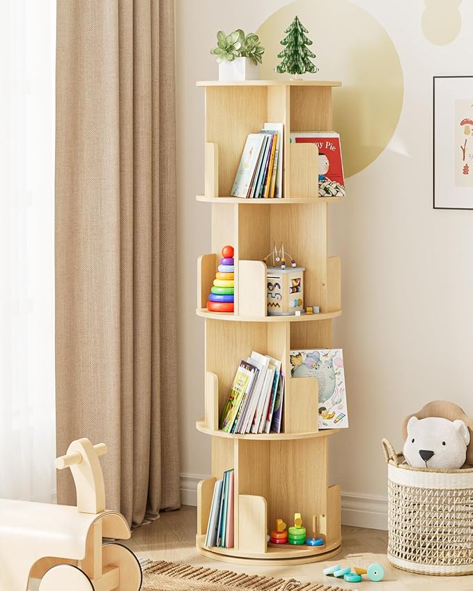 Masupu Rotating Bookshelf, Tall 4 Tier Rotating Spinning Bookshelf Tower - Image 3