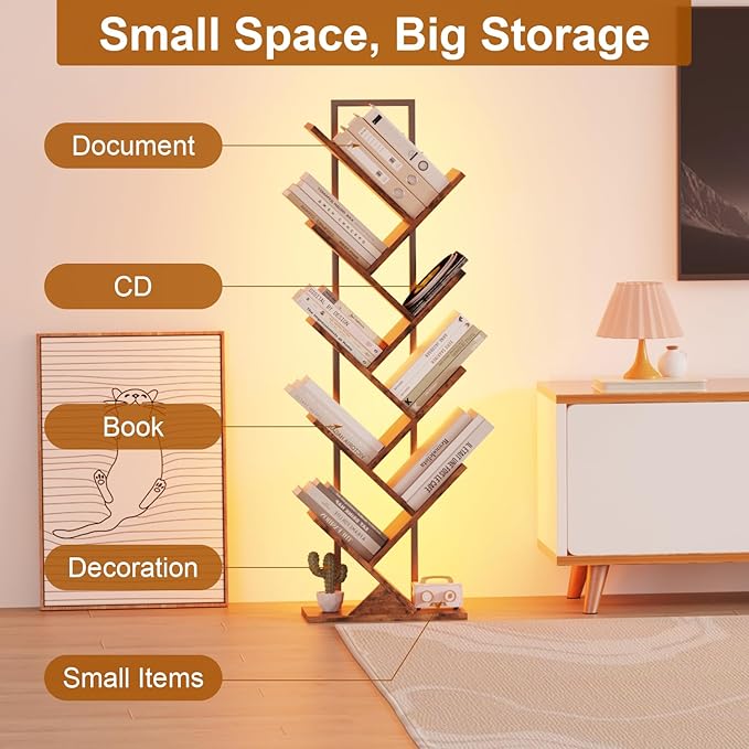 Tree Book Shelf with LED Lights, 9 Tier Floor Standing Bookcase, Classical - Image 4