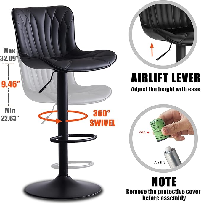 YOUNIKE Black Bar Stools Set of 2 Upholstered Modern Swivel Counter Height Bar - Image 7