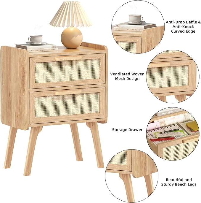 Lerliuo Rattan Nightstands Set of 2, Boho Night Stand - Image 8
