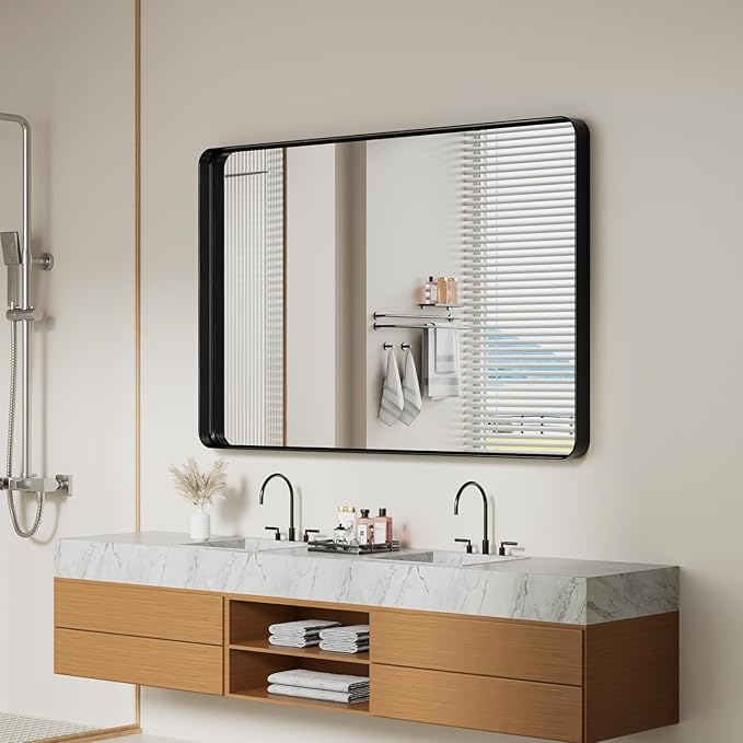 Koonmi Black Wall Mirror for Bathroom, 36x55 Inch Matte Deep Framed Rounded - Image 7