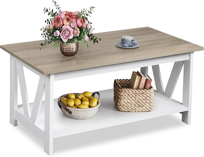 WLIVE Coffee Table with Storage Shelf, 39.4" Farmhouse Coffee Table with by WLIVE
